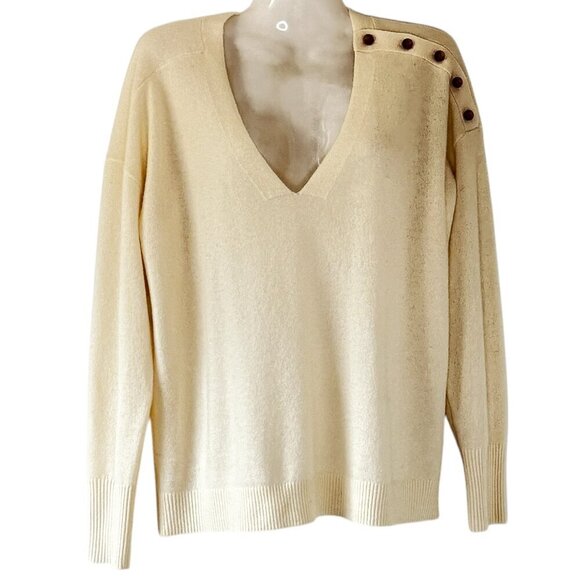 Garnet Hill Cashmere Elise Sweater V Neck has Button Detail at Shoulder Cream M - Picture 1 of 9